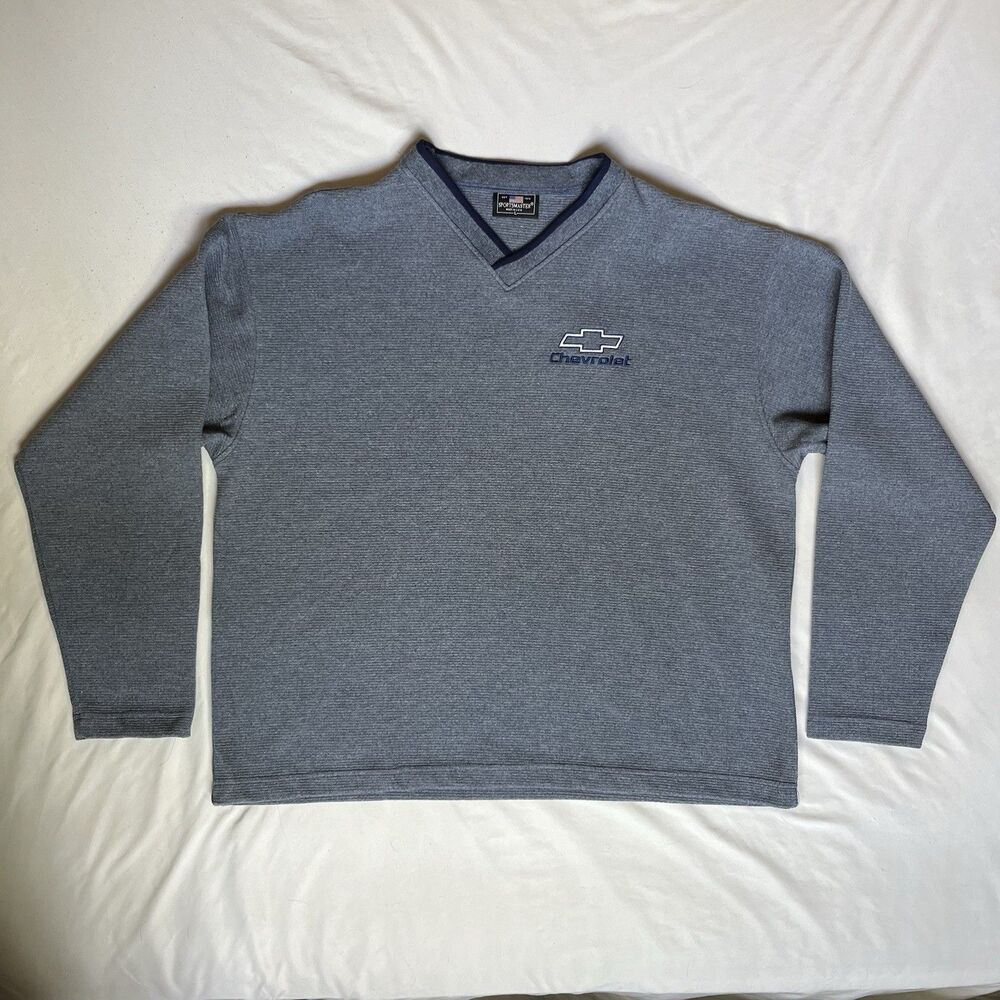 Vintage 90s Chevrolet Thermal Sweater Shirt USA Made L Embroidered Bow tie Gray
